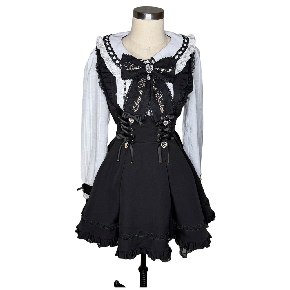LIZ LISA Lolita Dress Black White Lace Bow Corset Womens Size 0 Sailor Hearts